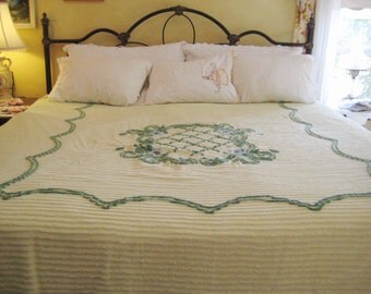 Pale lime green chenille bedspread, single, double, full bedspread, queen comforter, cutter chenille bedspread, shabby chic decor