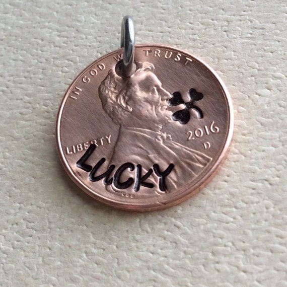 Hand stamped 2016 lucky penny charm  with small shamrock stamp