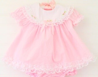 Vintage baby dress. Baby Pink with lace trim and bloomers, Bright Future for 0-3 Mo