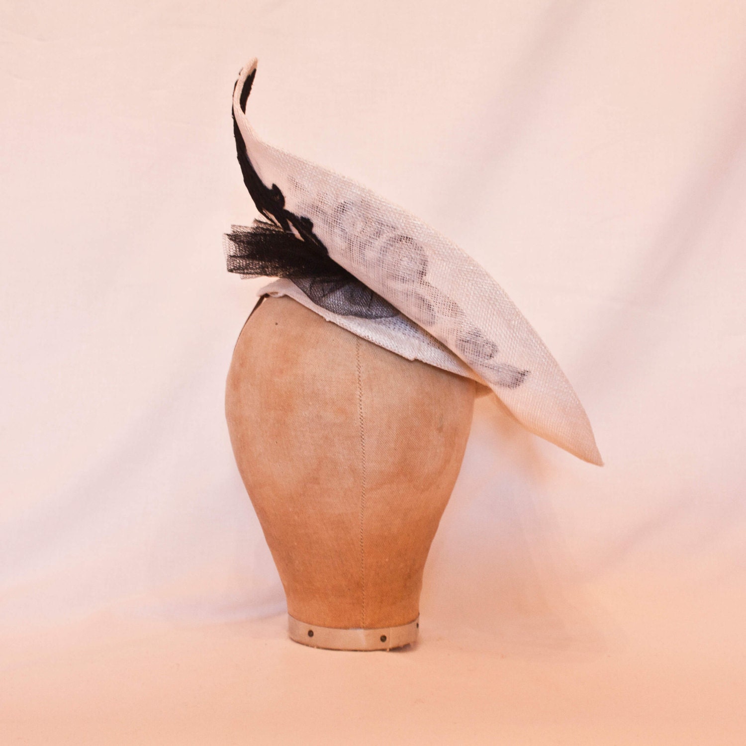 Handmade white side hat with black lace overlay and tulle frill