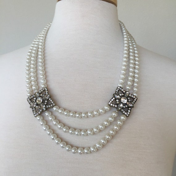 Multi Strand Faux Pearl Rhinestone necklace