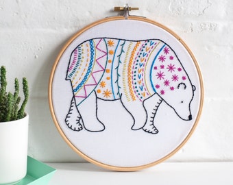 Bear Contemporary Embroidery Kit - Embroidery Hoop Art - Learn How to Embroider - Hand Embroidery Kit - Craft Kit - Embroidery Pattern