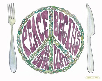 Ahimsa Peace Begins On Your Plate- 8x10 Hand Drawn Illustration Print - Vegan Art Vegetarian Gift Veganism Kindness