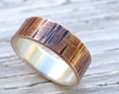 wood grain ring mixed metal wedding ring, mens wedding band bronze, tree bark ring bronze silver mens ring, rustic silver bronze ring men