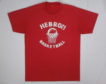 80s T Shirt Hebron Basketball Red faded white logo soft blend tee sports team number 14 90s hipster punk rock worn school city