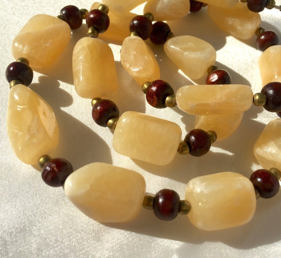 Chunky handmade necklace with alabaster calcite wood & gold