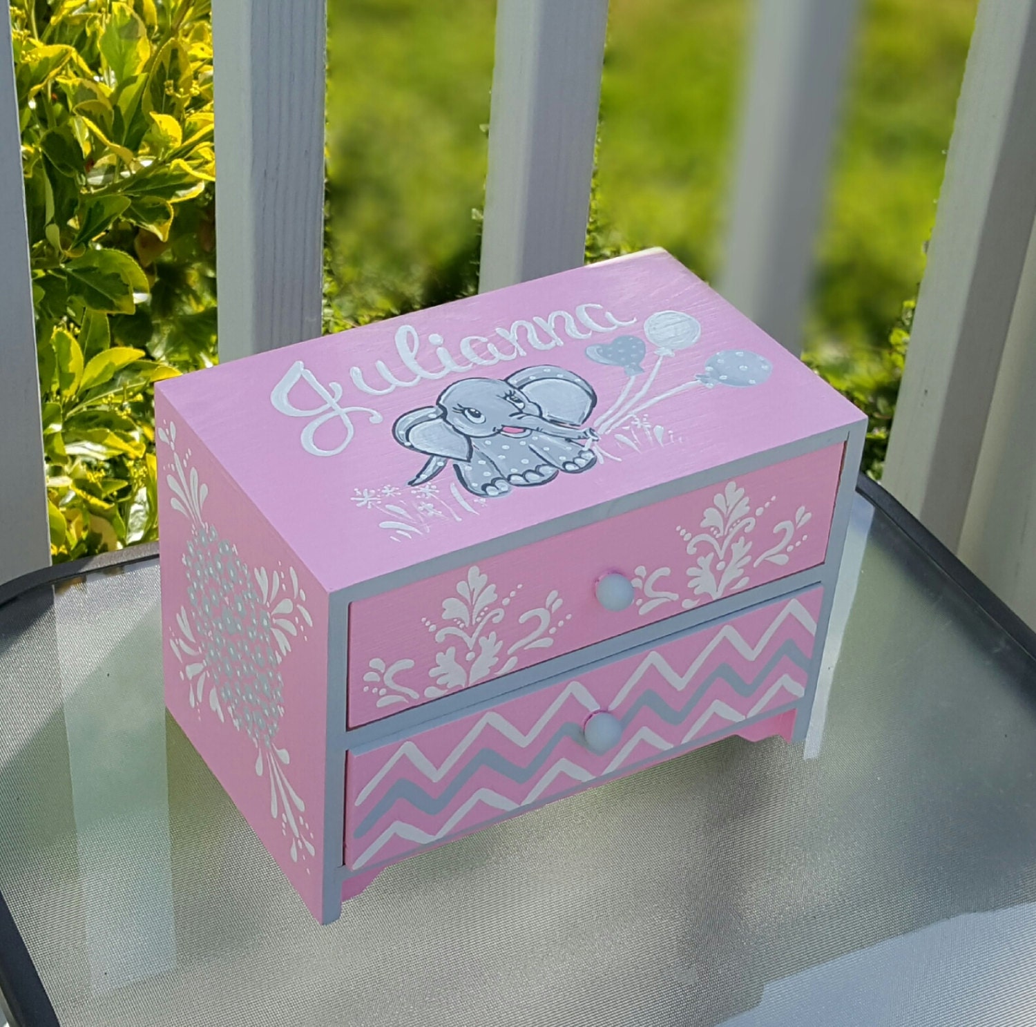 Elephant Personalized Child's Jewelry Box Wood Box Girls Pink and Gray