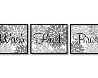 Bathroom Wall Art Grey White Gray Dahlia Flower Print Set of 3 Wash Flush Brush Art Prints Bathroom Wall Decor Modern