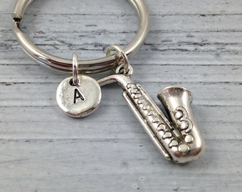 Saxophone Keychain, Saxophone Charm, Instrument Keychain, Music Keychain, Personalized, Initial Keychain, Unisex Keychain