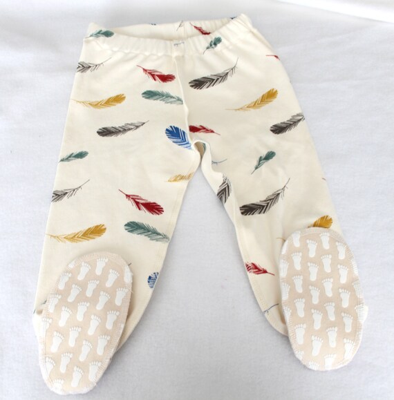 Feathers Footed Baby Pants - 12-18m Size - Organic Cotton - Eczema Finish - Seams out - Ready to Ship!