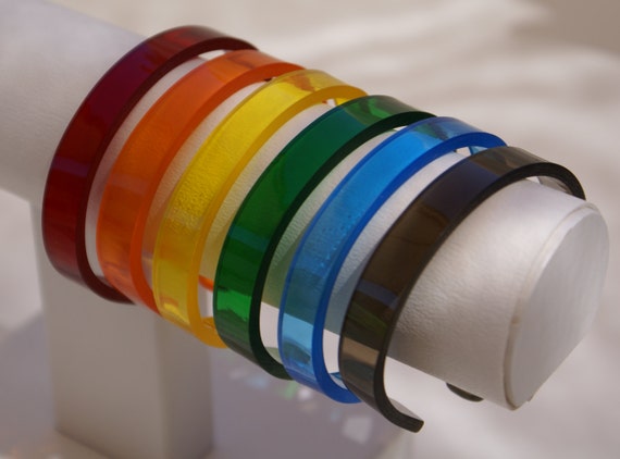 LGBT "Transparent Rainbow" 6 Piece Cuff Bracelet Set. Easy Wearing - Rugged "Plexiglass"! Custom Fit to Your Wrist Size. Vibrant Colors.