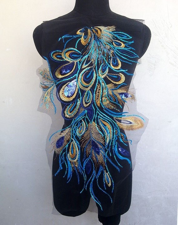 Phoenix feather sequins patch applique embroidered fabric