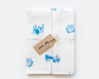 Linen Tea Towel: Blue Watercolour Wombat Pattern