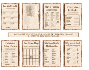 Rustic Baby Shower Game Package, Printable Rustic Baby Game, Western Baby Games, Rustic Game, Wood Baby Game, SALE- Printables 4 Less 0097