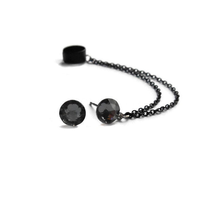 Chain cuff Earrings Black ear cuff earrings Crystal stud