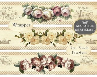 Roses Wrapper Soap Wrapping Flowers Garland Wraps Strips Printable Instant Download digital collage sheet E159