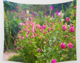 Zinnia Flowers Garden Wall Tapestry, Pink Zinnias Wall Art, Photo Tapestry, France, Happy, Dorm