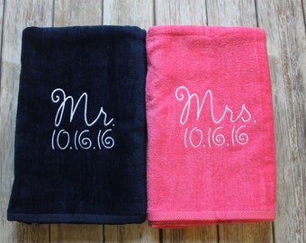 Mr. & Mrs. Beach Towel Gift Set Navy Blue and Pink Towel, Perfect Wedding Gift