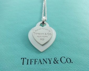 Authentic Tiffany & Co. Please Return to Tiffany Sterling Silver and White Mother of Pearl Heart Pendants Necklace, 16" chain.