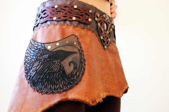 Light Brown Female Leather Skirt with Raven Bird Pocket Design by MysticTribeCreations steampunk buy now online