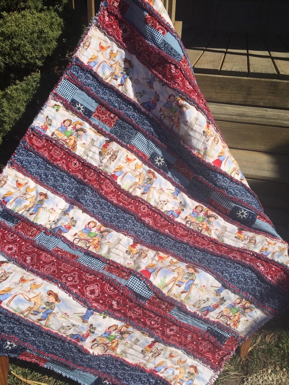 Baby Rag Quilt In a Cowgirl Design with Red and Blue
