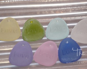 Engraved Love Sea Glass Pendant, Wholesale Sea Glass Jewelry, Sea Glass Beads, Sea Glass (various colors!)