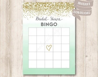 Gold and Mint Ombre Bridal Shower Bingo Cards, Gold Glitter, Watercolor Mint Green Bridal Shower Party Game Printable, INSTANT DOWNLOAD