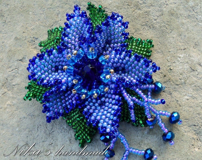 Flower Brooch made of Czech beads and crystals, beadwork brooch, seed bead brooch, embroidered brooch, blue flower pin