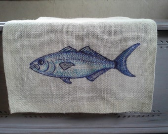 Nautical burlap table runner featuring a Blue fish, ivory color burlap, hemmed edges, 52"x15", coastal kitchen or dining room decor,rustic