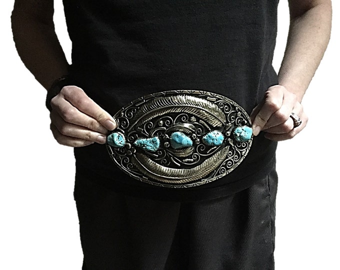 Extra Large Southwest Silver BELT BUCKLE - Vintage Sterling and Turquois Buckle - Native American Belt Buckle.