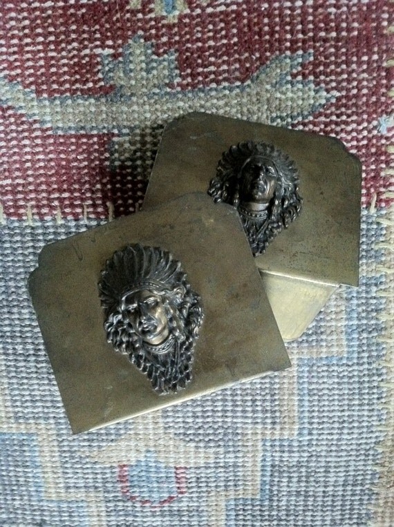 INDIAN HEAD BOOKENDS Vintage Mid Century Brass Indian Chief