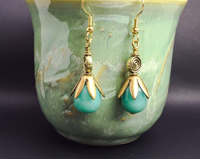 Brass turquoise dangle, vintage brass and vintage turquoise glass earrings, turquoise drop handcrafted earrings, Bohemian Earrings Glass