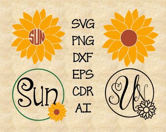 SVG Sunflower Monogram Frame Cutting File DXF, AI Commercial Personal Use