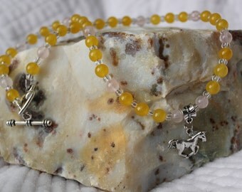 Girl's Stone Semi Precious 16 Inch Horse Charm Slider Jade Orange Pink Beaded Necklace Girl's First Stone Necklace