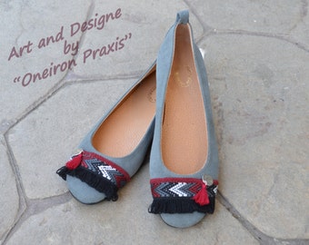 Boho ballet shoes-Ballet flats shoes-Suede shoes-Decorated shoes-Gray Suede Cute Handmade Ballet Flats-Womens shoes-Gray flat shoes