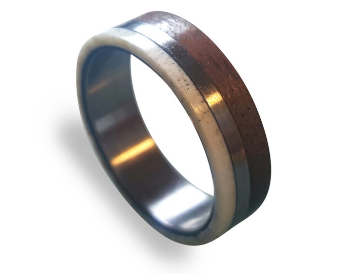 Titanium Ring, Deer Antler Ring, Antler Ring, Mens Titanium Wedding Band, Oak Wood And Antler Inlays, Wood Ring, Off-center Style