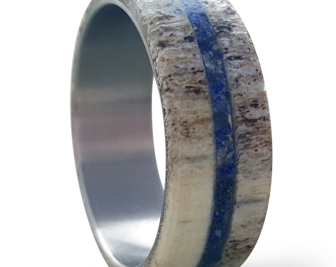 Deer Antler Wedding Band, Antler Ring with Lapis Lazuli Inlay, Lapis Lazuli Ring, Titanium Ring, Mens Titanium Wedding Band