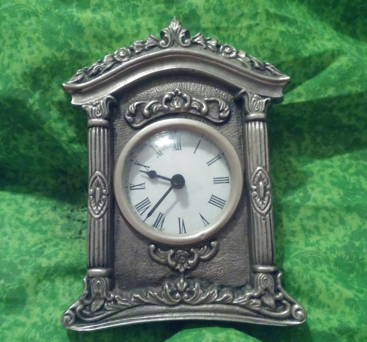 Gray Silver Tone Pewter Mantel Clock With Scroll and Columns