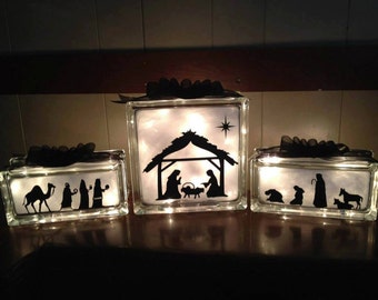 Nativity Scene Set - Lighted Glass Block Set - Home Decoration, Night Light