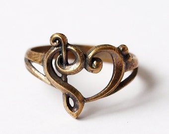 Music heart, Music heart ring, Heart ring, Heart jewelry, Music jewelry, Music ring, Size 7 ring, Treble clef ring, Brass ring, Brass