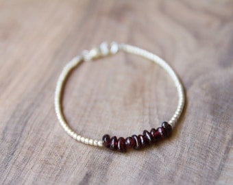 Garnet & Silver // Tiny Silver Beads and Dark Red Gemstone Bracelet