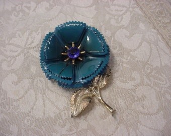 Blue Enamel Rhinestone Flower Pin Brooch ~ Gorgeous
