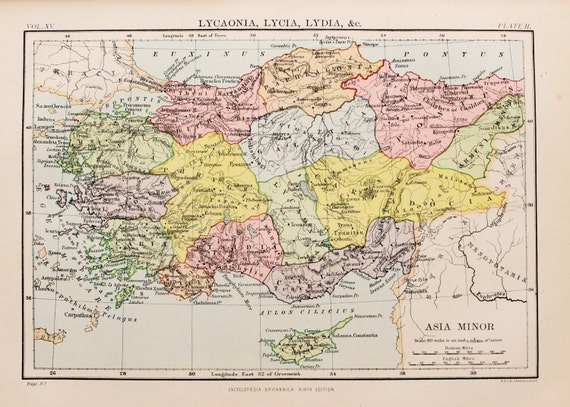 Antique Colour Map of Turkey Lycaonia Lycia Lydia.