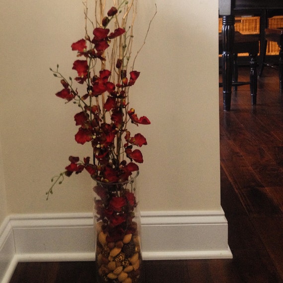 Items similar to Tall faux floral arrangement with burgundy orchids and ...