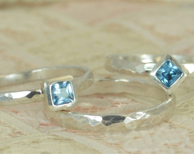 Square Aquamarine Engagement Ring, Sterling Silver, Aquamarine Wedding Ring Set, Rustic Wedding Ring Set, March Birthstone, Aquamarine