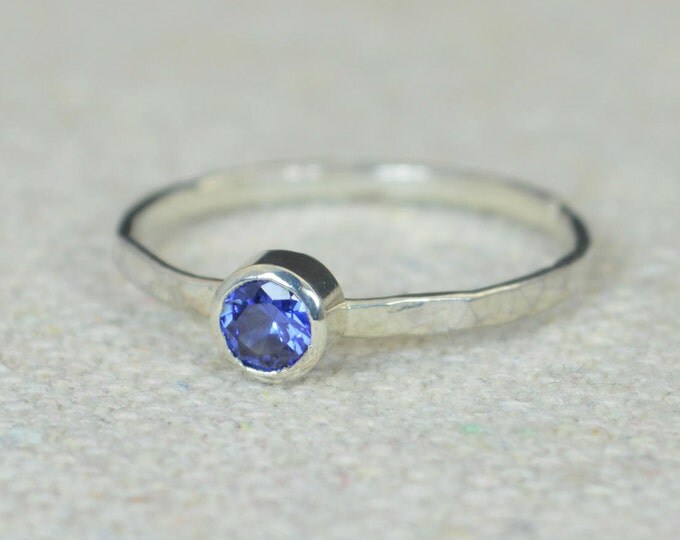 Small Sapphire Ring, Hammered Silver Ring, Stackable Rings, Mother's Ring, September Birthstone Ring, Skinny Ring, Mothers Ring