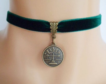 green velvet choker, libra choker, libra necklace, zodiac charm, antique bronze