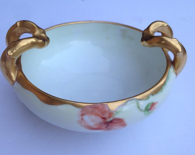 Storewide 25% Off SALE Vintage Mavaria White Porcelain Hand Painted Floral Centerpiece Bowl Featuring Curved Gold Painted Double Handle Desi