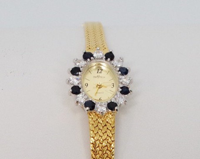 Storewide 25% Off SALE Vintage 24k Gold Plated Oryx Designer Signed Sapphire Quartz Wristwatch Featuring Lovely Gemstone Starburst Bezel