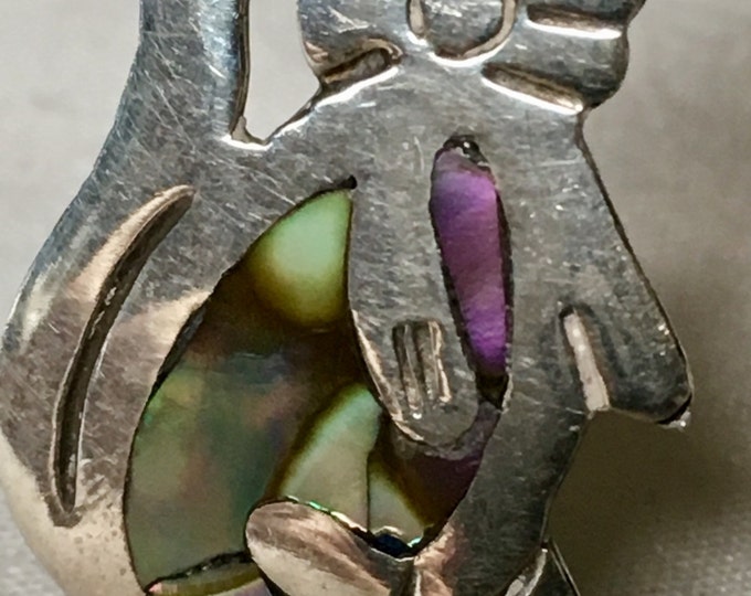 Storewide 25% Off SALE Vintage Sterling Silver Cat Brooch Pin With Abalone Inlay Design Featuring Beautiful Etched Details